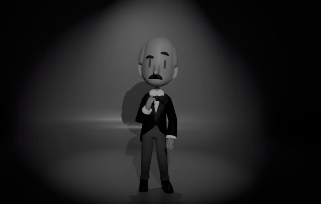 It's a black and white still from Monster Truck Ninja's Batman dance animation. It's a cute version of Alfred Pennyworth in his classic attire with one eyebrow raised.