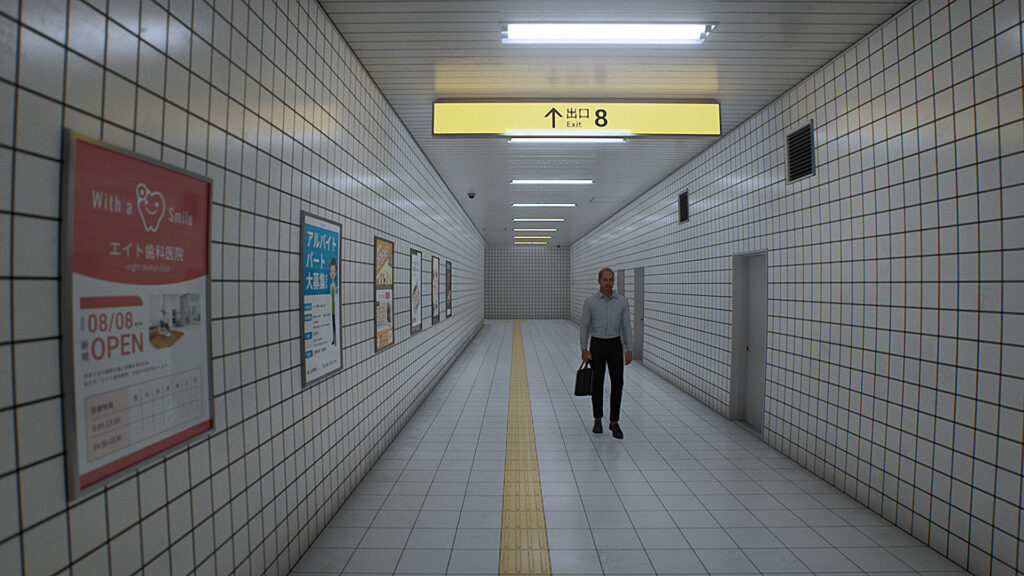 A still from the video game Exit 8. It's a white tiled subway hallway with 6 posters hanging on the left side and 3 doors on the right. There is a business man walking toward you with a briefcase and a single strip of yellow tile going straight down the hall.