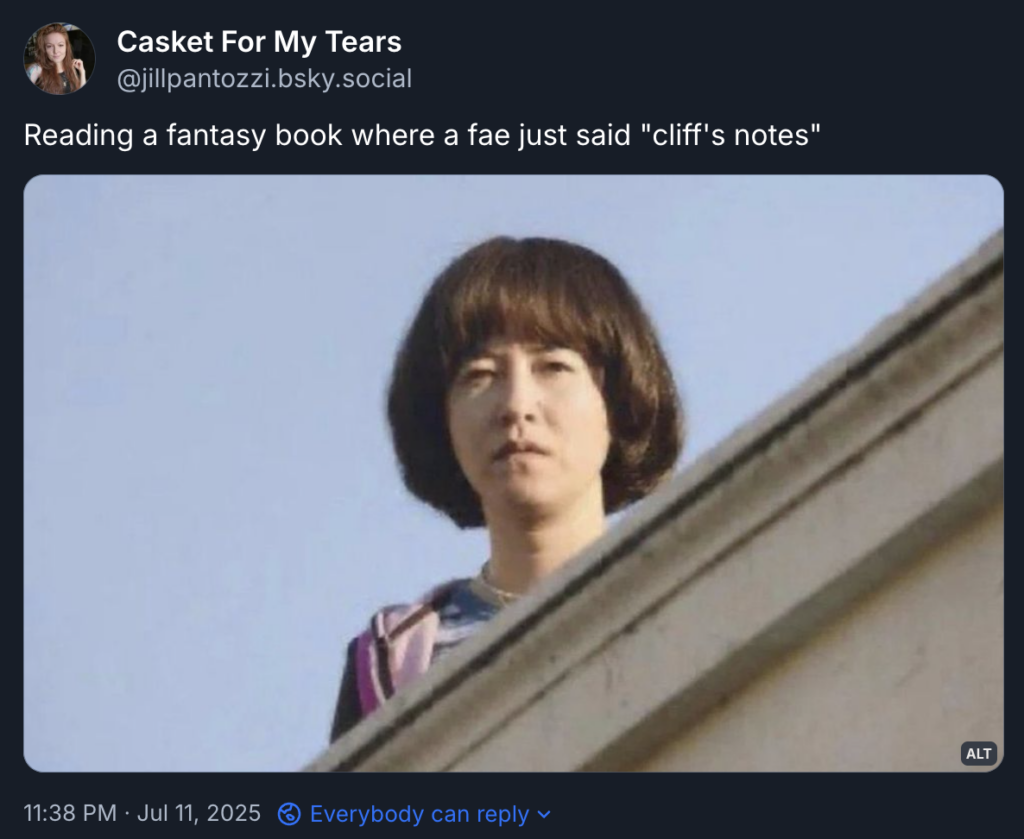 A screenshot of a bluesky post of mine where I wrote: Reading a fantasy book where a fae just said "cliff's notes." It features a picture of Maya Erskine's character on a rooftop narrowing her eyes.