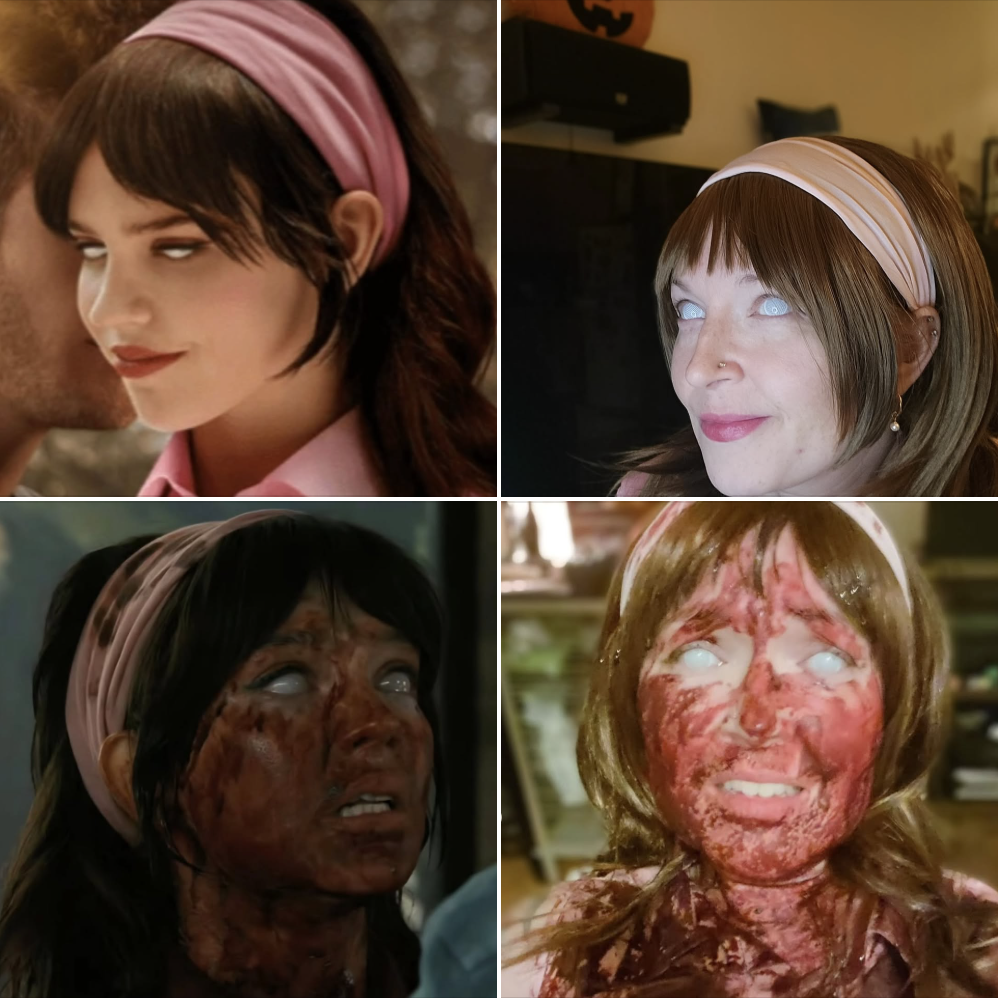 A block of four images, two are of Iris from the film Companion and two are of me dressed as Iris. One set is normal and the second set includes her bloody look.